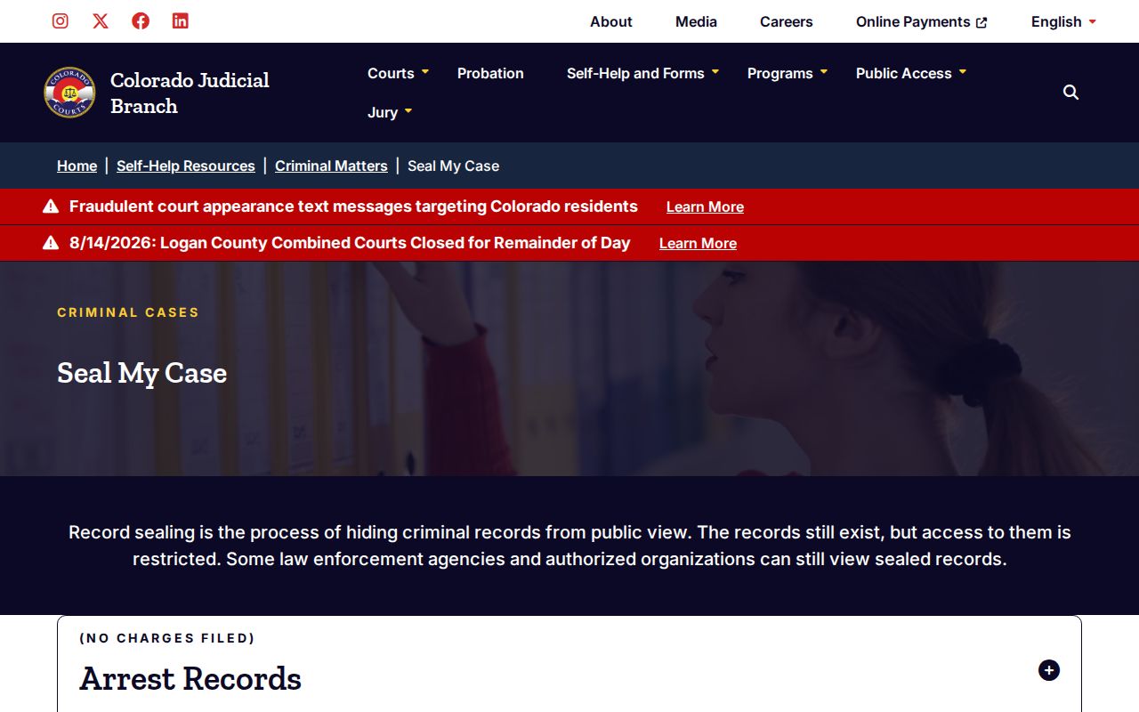 Colorado Judicial sealing forms for Phillips County arrest records