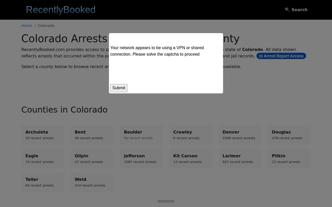 Recently Booked Colorado index showing no Phillips County section